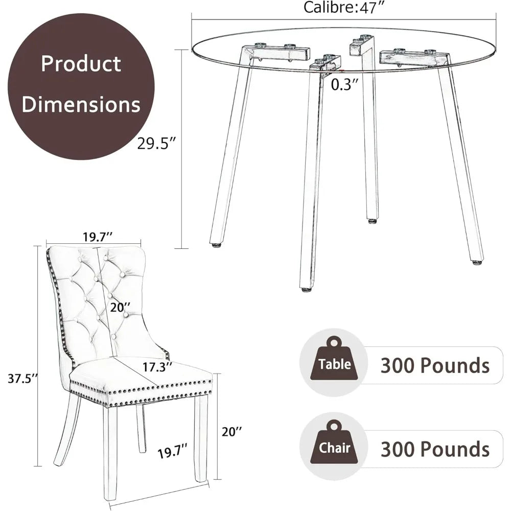 Modern Round Glass Dining Table Set for 4, 47'' Luxury Minimalist Circle Dinette Room Set, 5 PCS Clear Circular Glass Top