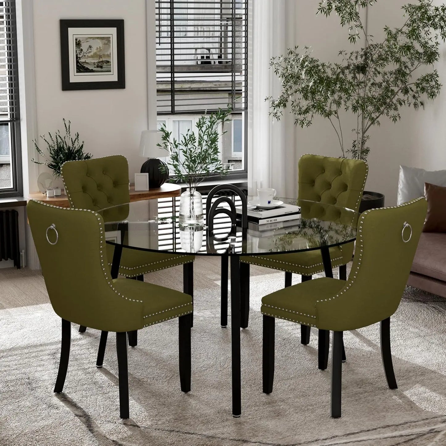 Modern Round Glass Dining Table Set for 4, 47'' Luxury Minimalist Circle Dinette Room Set, 5 PCS Clear Circular Glass Top