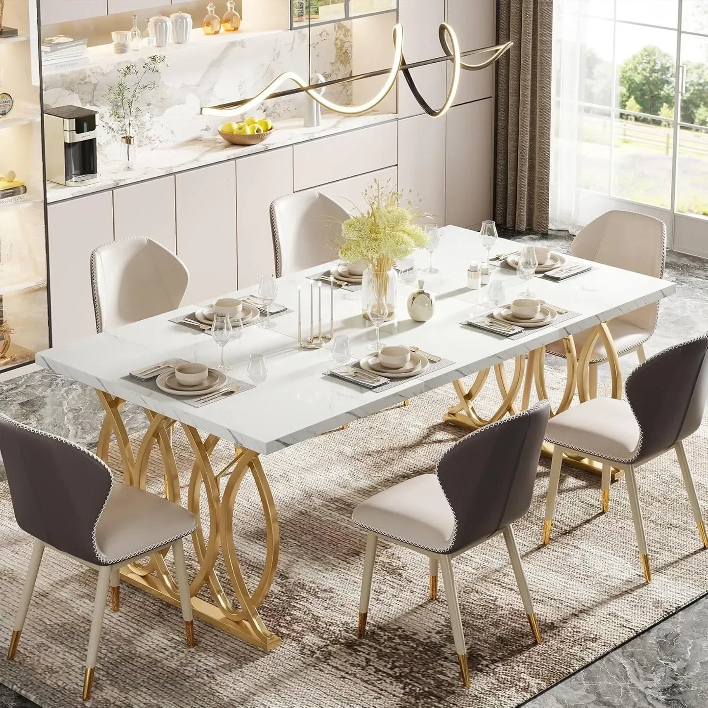 Modern Dining Table, 63" Large Kitchen Table for 4-6 People, Unique Rectangular Dinner Table