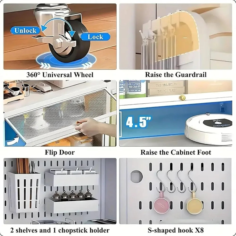 Bakers Rack with Storage & Wheels, Coffee Bar , Microwave Stand with Storage
