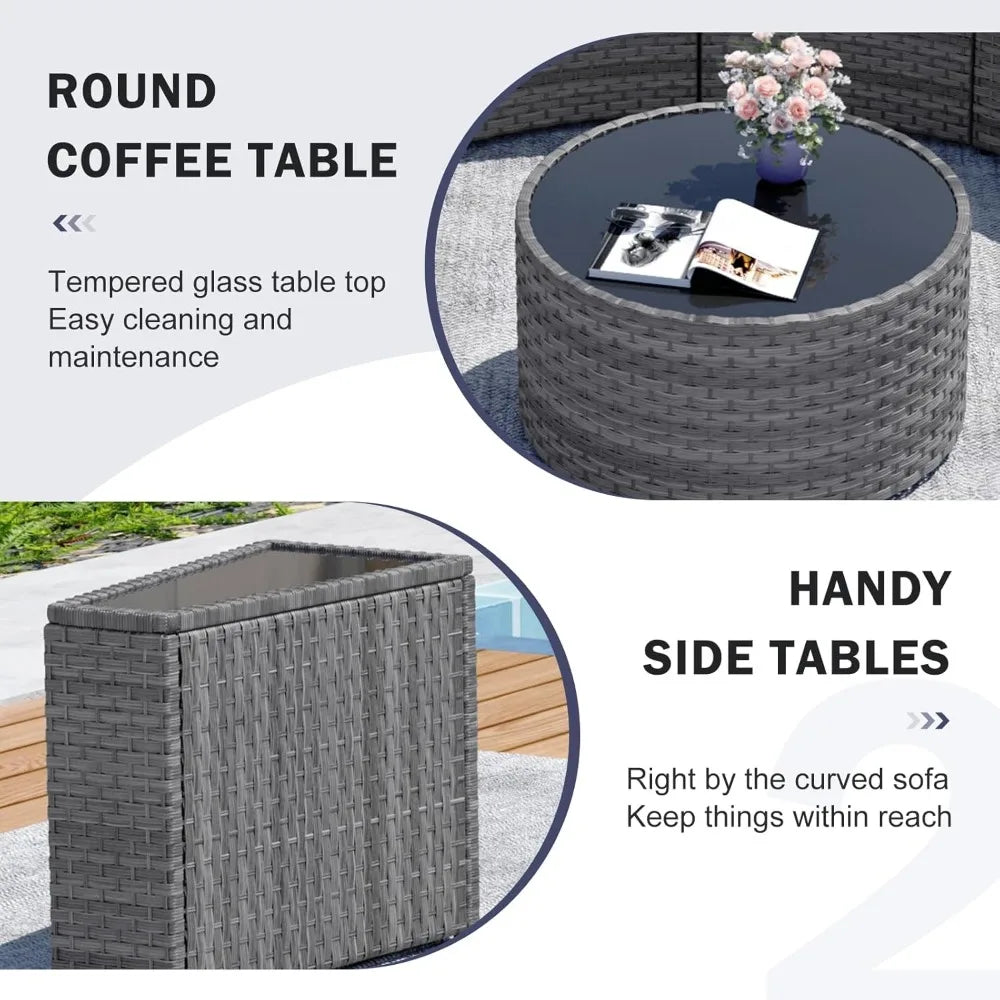 Half Moon Patio Furniture Set with Tables,7 Pieces Wicker, Grey Rattan