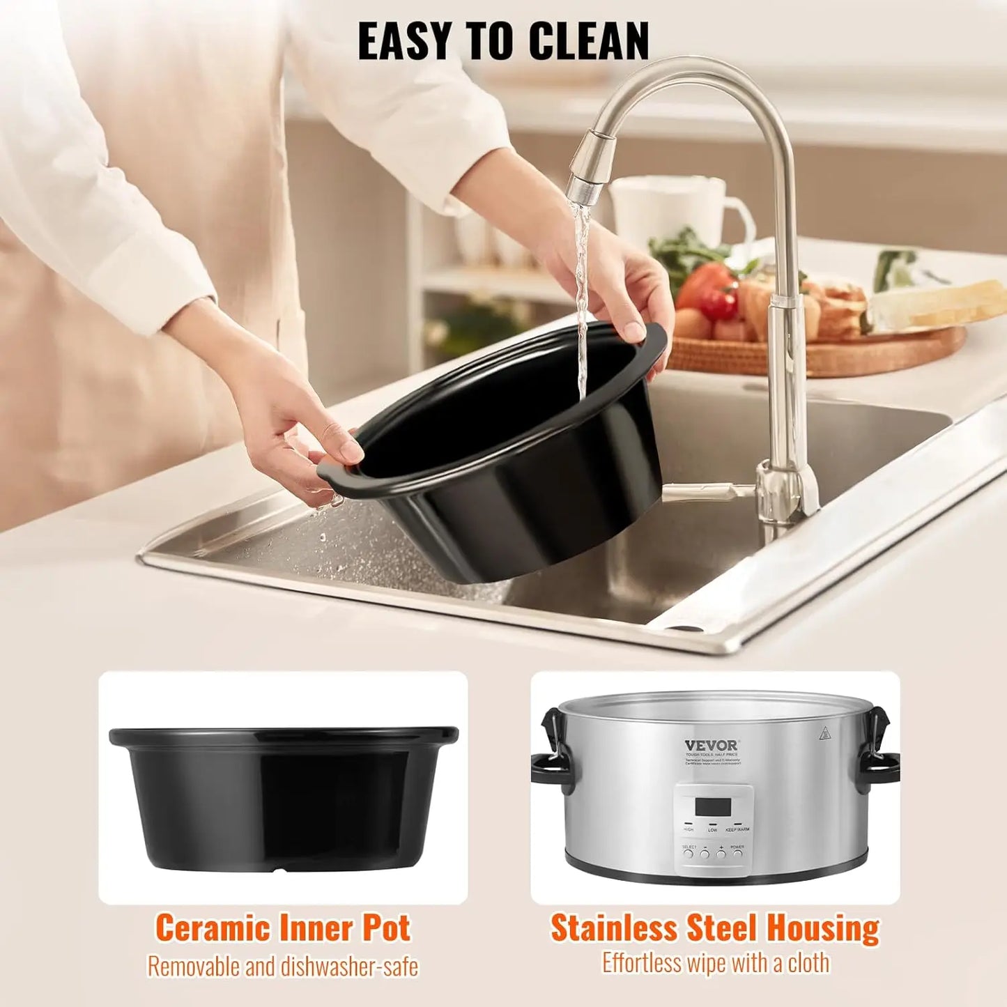 6QT 240W Electric Slow Cooker Pot with 3-Level Heat Settings