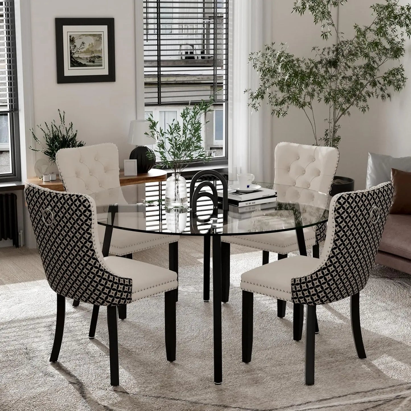 Modern Round Glass Dining Table Set for 4, 47'' Luxury Minimalist Circle Dinette Room Set, 5 PCS Clear Circular Glass Top