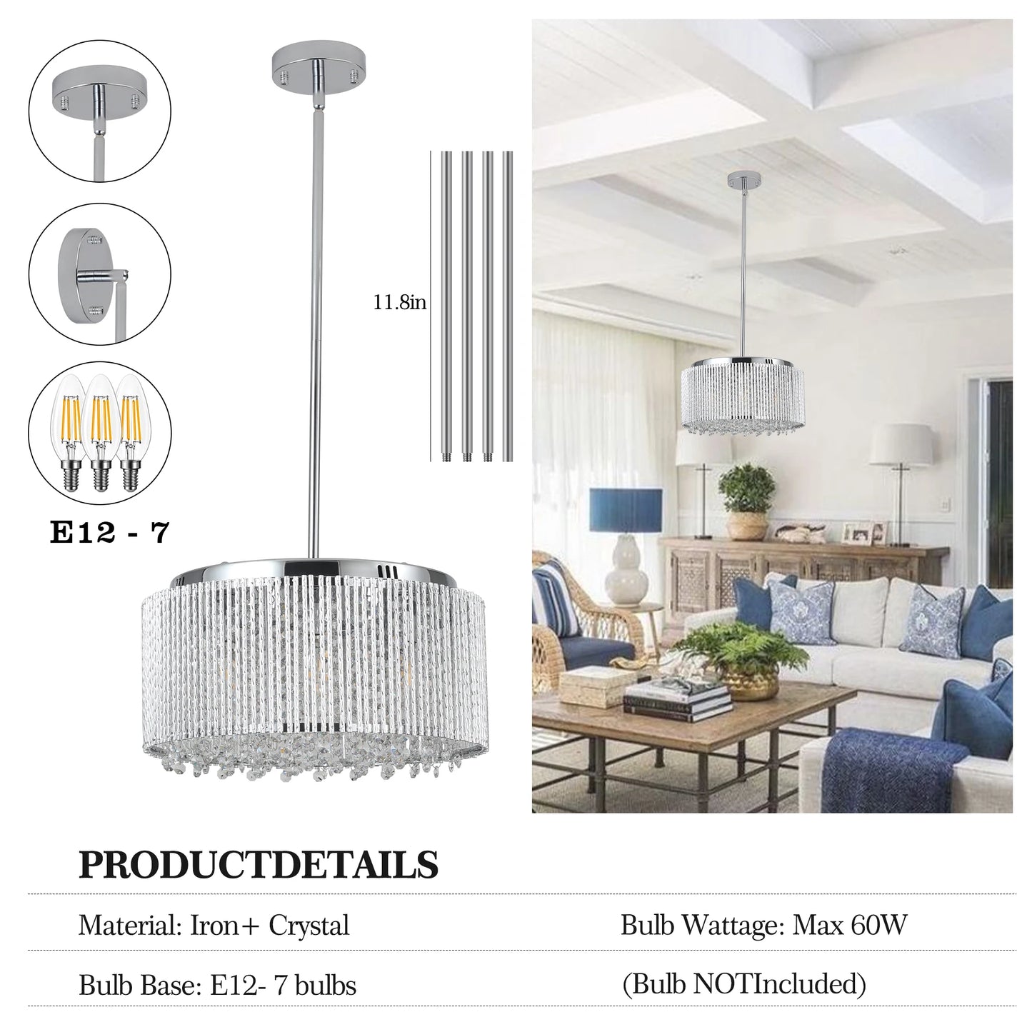 Drum crystal chandelier with polished chrome finish, modern light