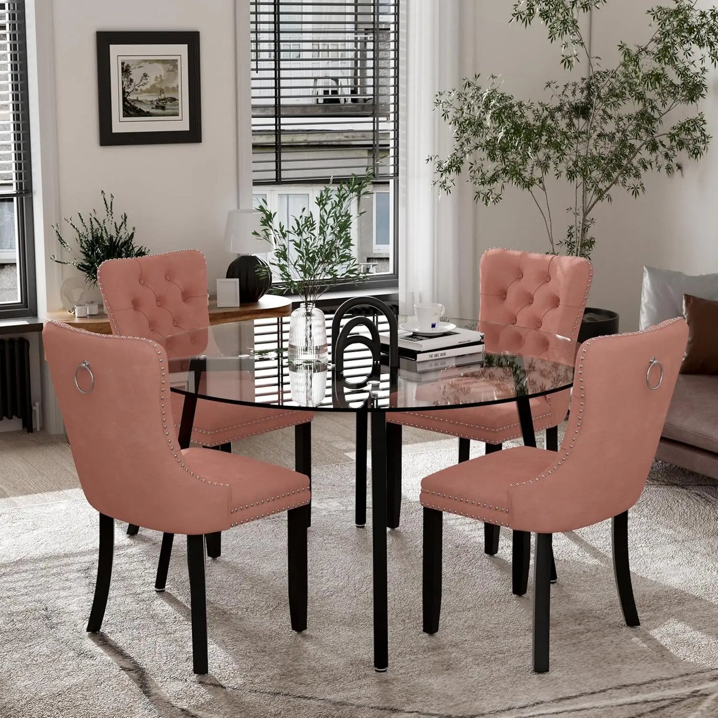 Modern Round Glass Dining Table Set for 4, 47'' Luxury Minimalist Circle Dinette Room Set, 5 PCS Clear Circular Glass Top