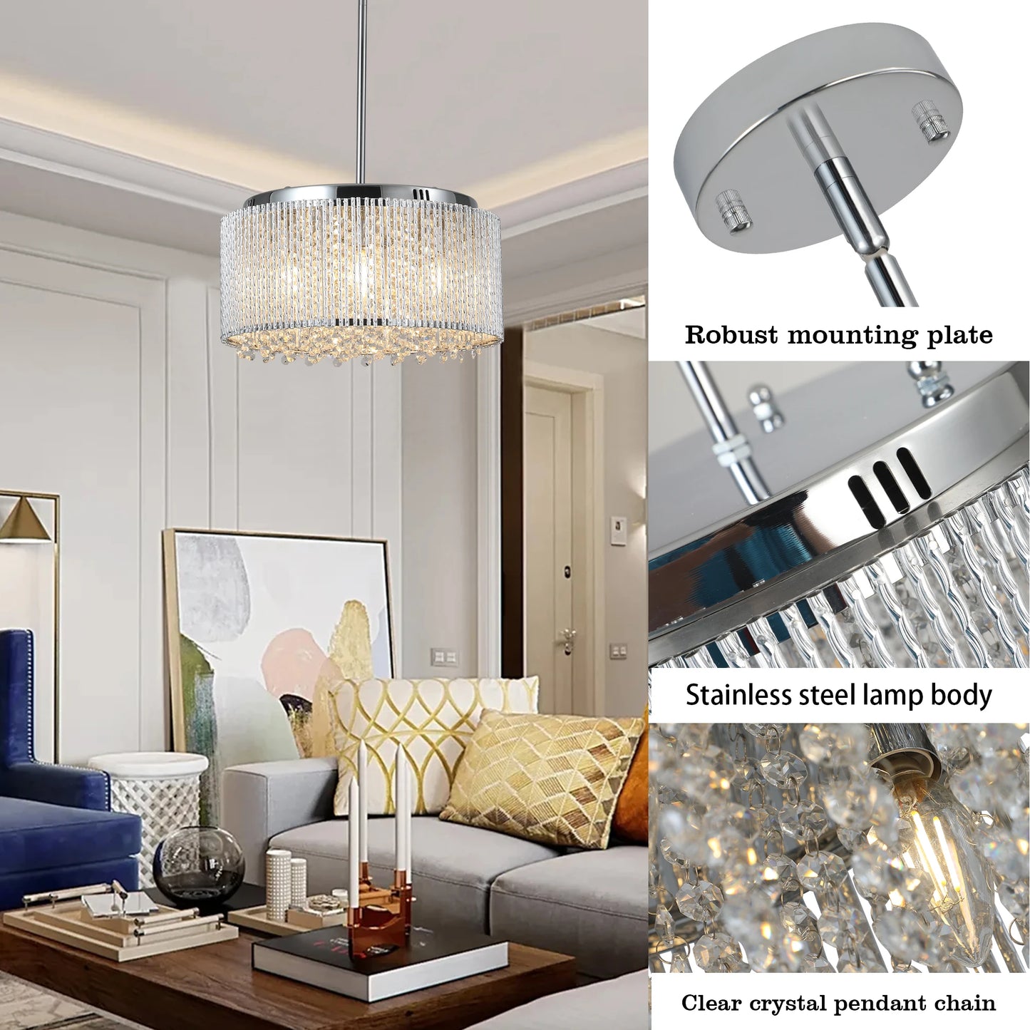 Drum crystal chandelier with polished chrome finish, modern light
