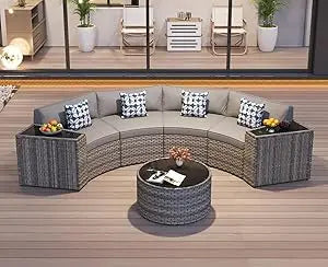 Half Moon Patio Furniture Set with Tables,7 Pieces Wicker, Grey Rattan