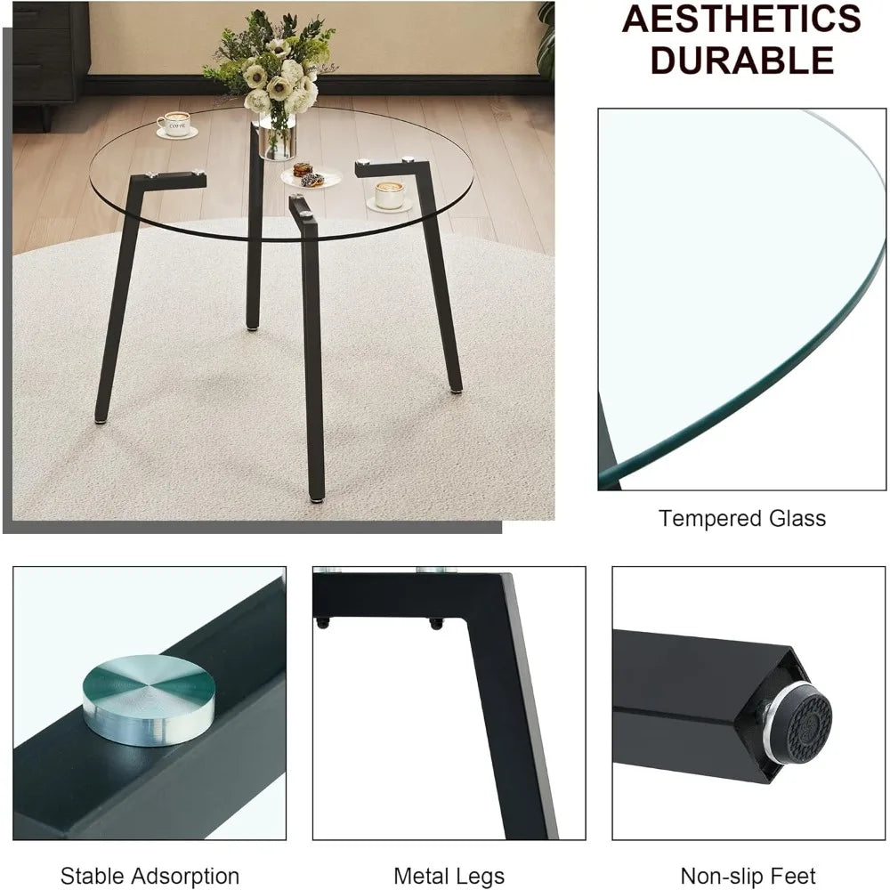 Modern Round Glass Dining Table Set for 4, 47'' Luxury Minimalist Circle Dinette Room Set, 5 PCS Clear Circular Glass Top