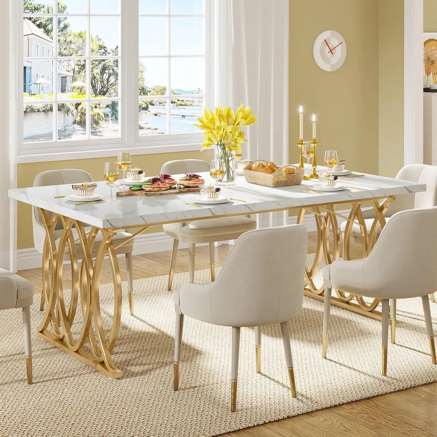 Modern Dining Table, 63" Large Kitchen Table for 4-6 People, Unique Rectangular Dinner Table