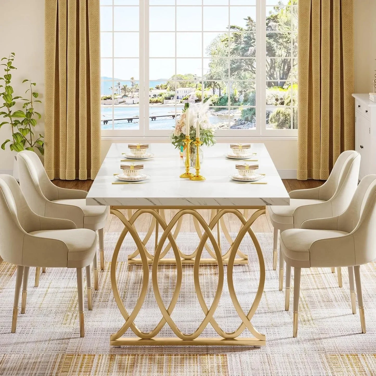 Modern Dining Table, 63" Large Kitchen Table for 4-6 People, Unique Rectangular Dinner Table