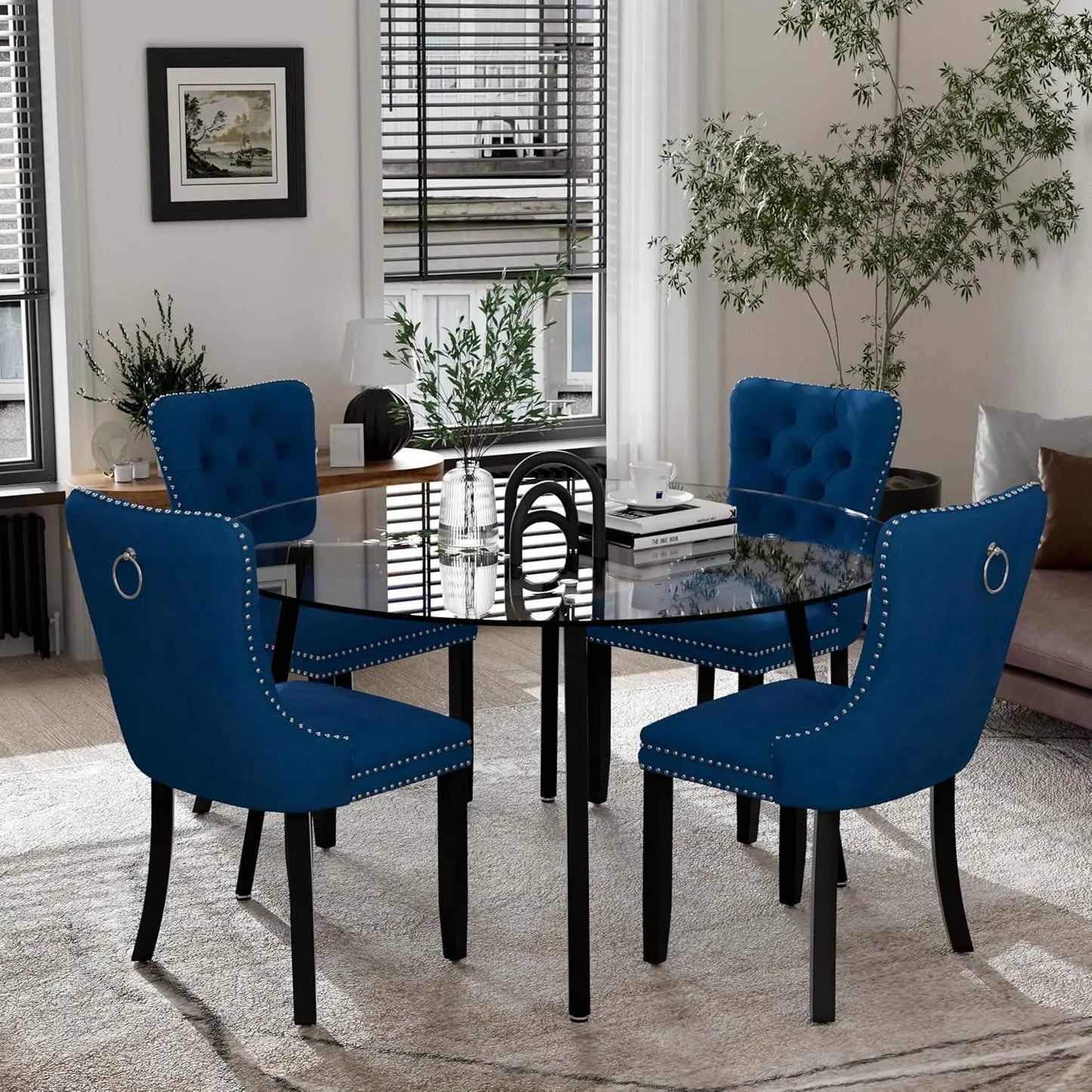 Modern Round Glass Dining Table Set for 4, 47'' Luxury Minimalist Circle Dinette Room Set, 5 PCS Clear Circular Glass Top