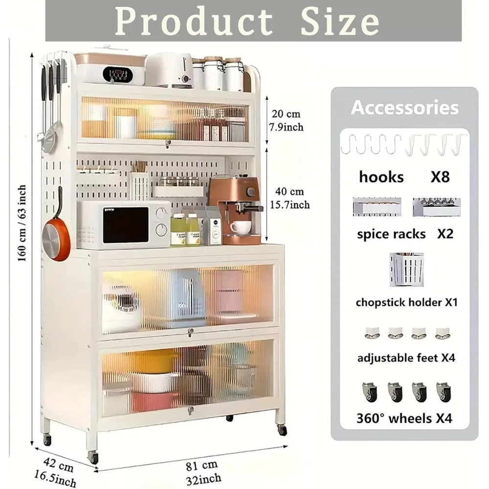 Bakers Rack with Storage & Wheels, Coffee Bar , Microwave Stand with Storage