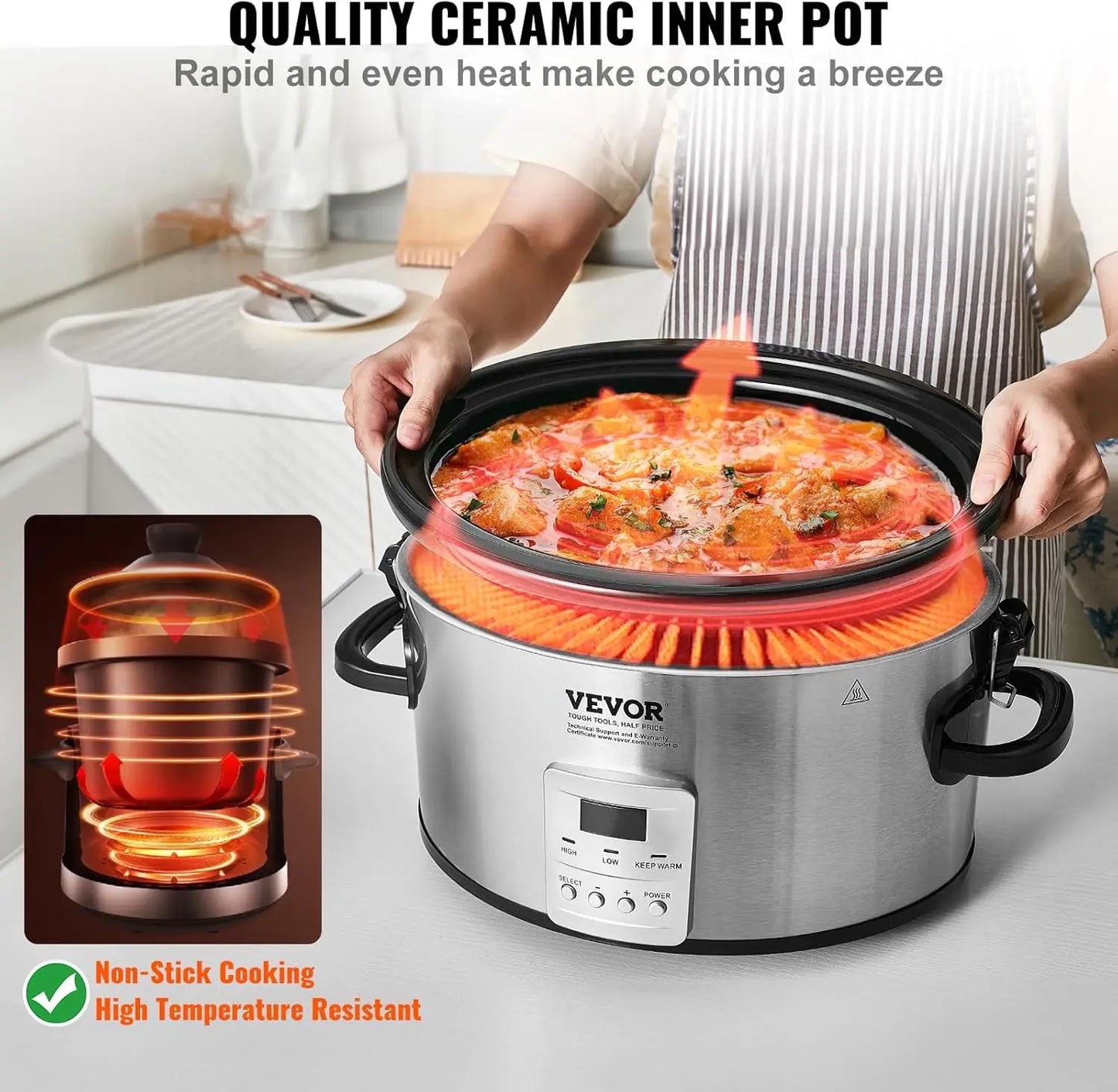 6QT 240W Electric Slow Cooker Pot with 3-Level Heat Settings