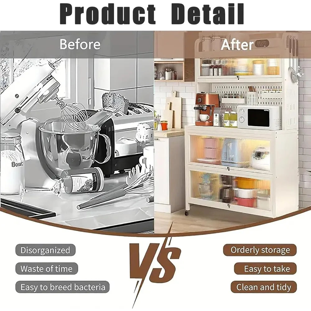 Bakers Rack with Storage & Wheels, Coffee Bar , Microwave Stand with Storage