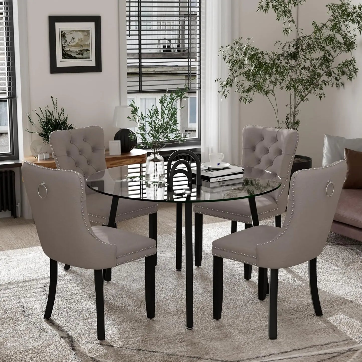 Modern Round Glass Dining Table Set for 4, 47'' Luxury Minimalist Circle Dinette Room Set, 5 PCS Clear Circular Glass Top