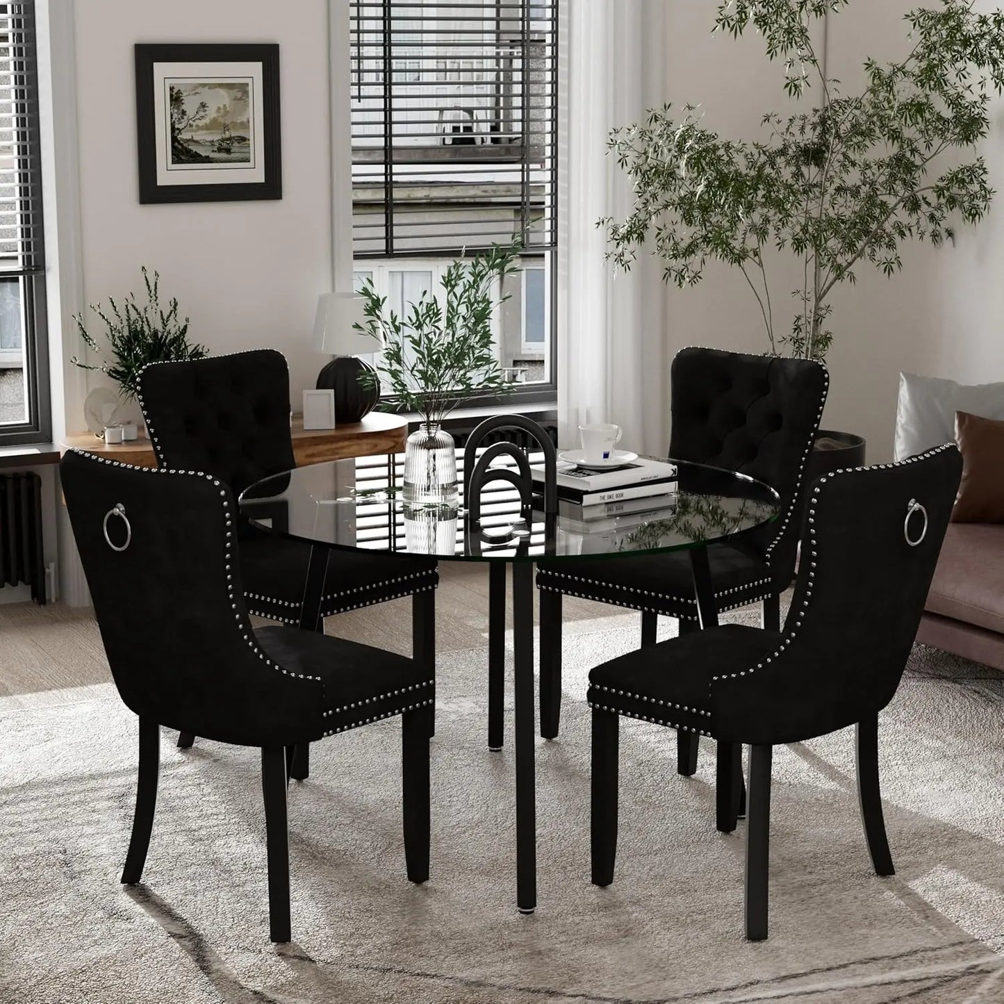 Modern Round Glass Dining Table Set for 4, 47'' Luxury Minimalist Circle Dinette Room Set, 5 PCS Clear Circular Glass Top
