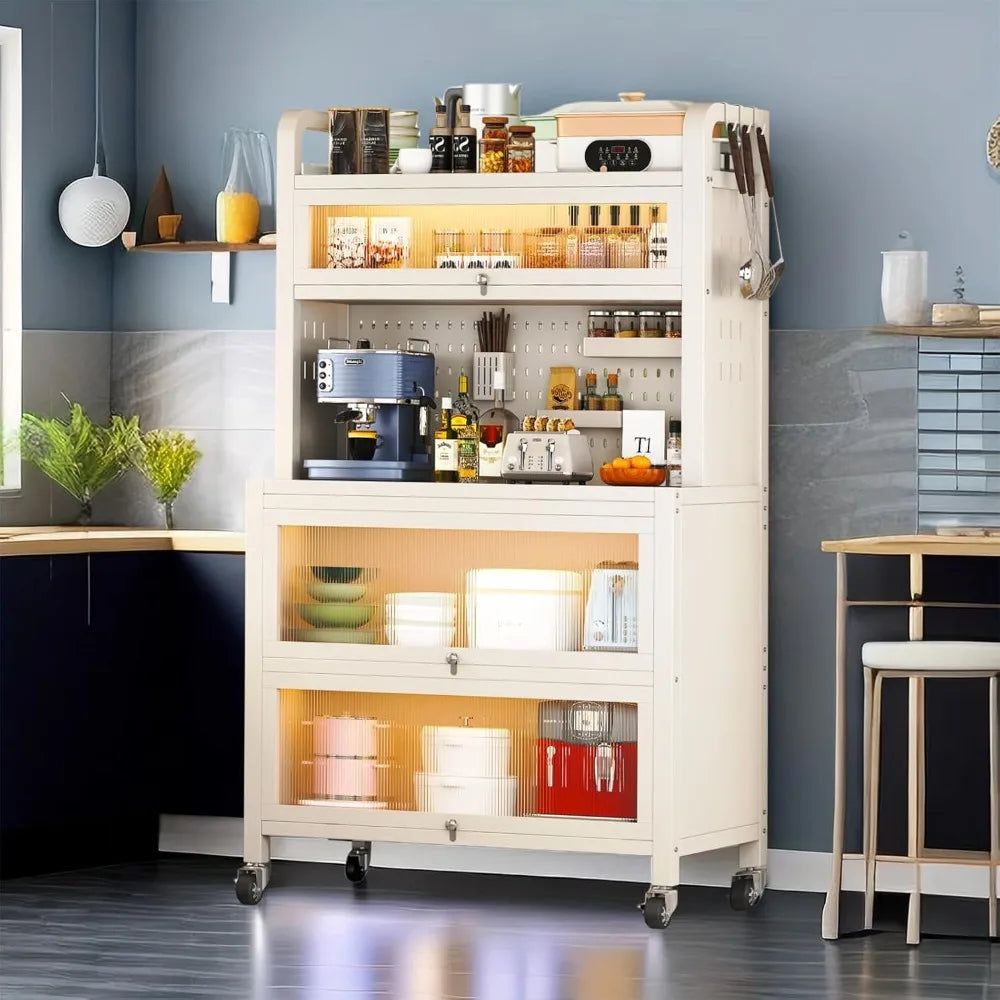 Bakers Rack with Storage & Wheels, Coffee Bar , Microwave Stand with Storage
