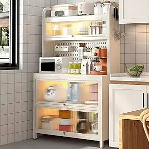 Bakers Rack with Storage & Wheels, Coffee Bar , Microwave Stand with Storage