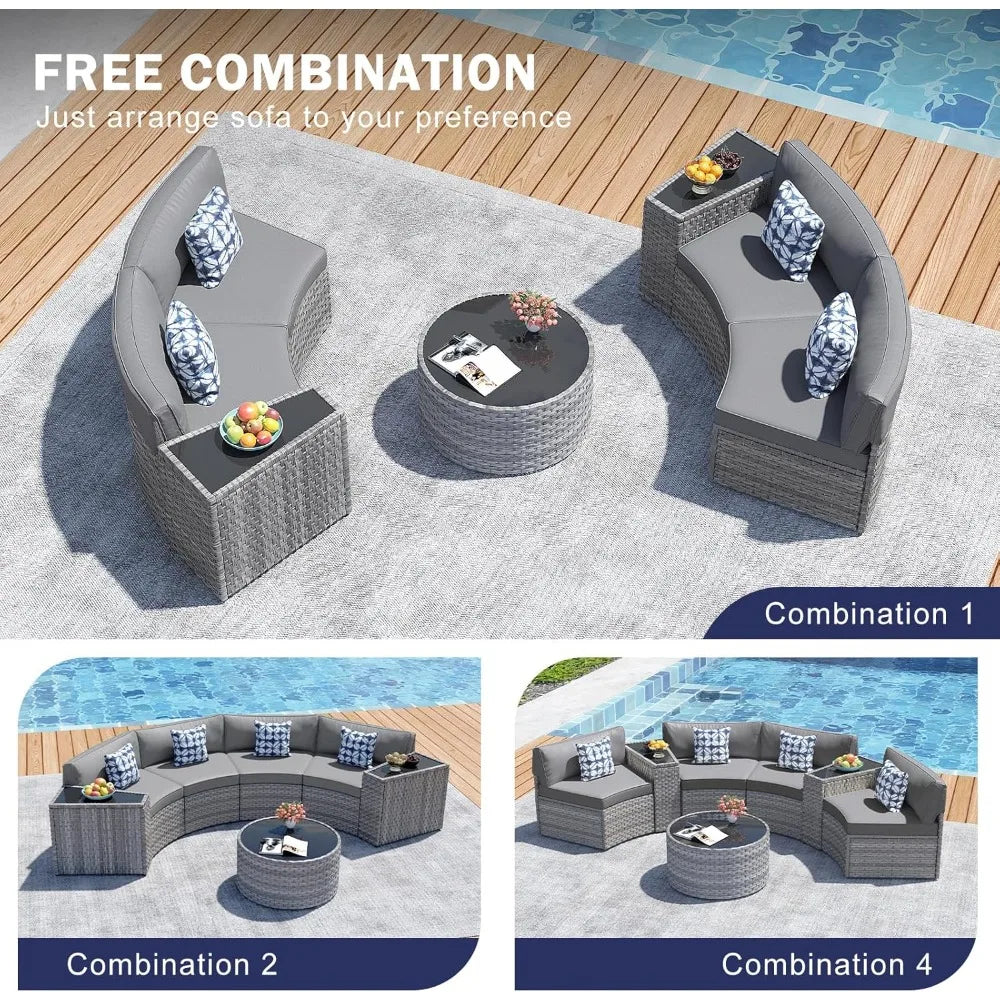 Half Moon Patio Furniture Set with Tables,7 Pieces Wicker, Grey Rattan