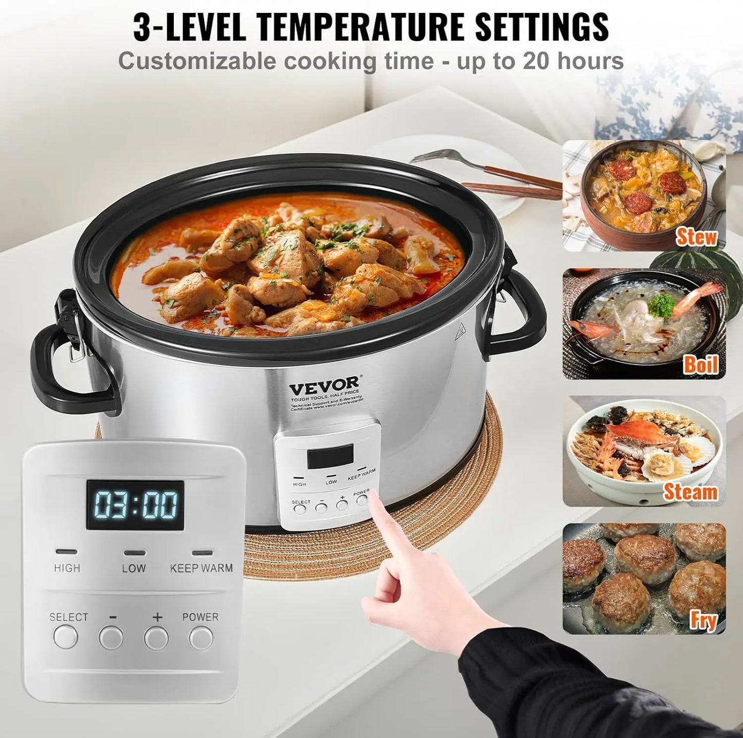 6QT 240W Electric Slow Cooker Pot with 3-Level Heat Settings