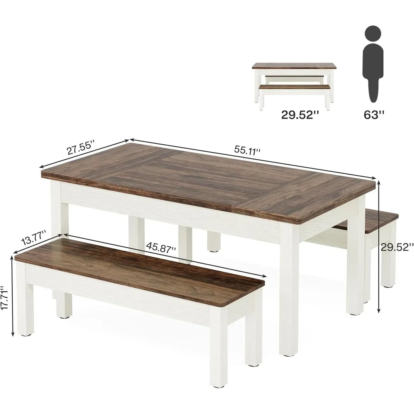 Farmhouse Kitchen Table Set for 4-6, 55-Inch Wooden Dining Table with 2 Benches