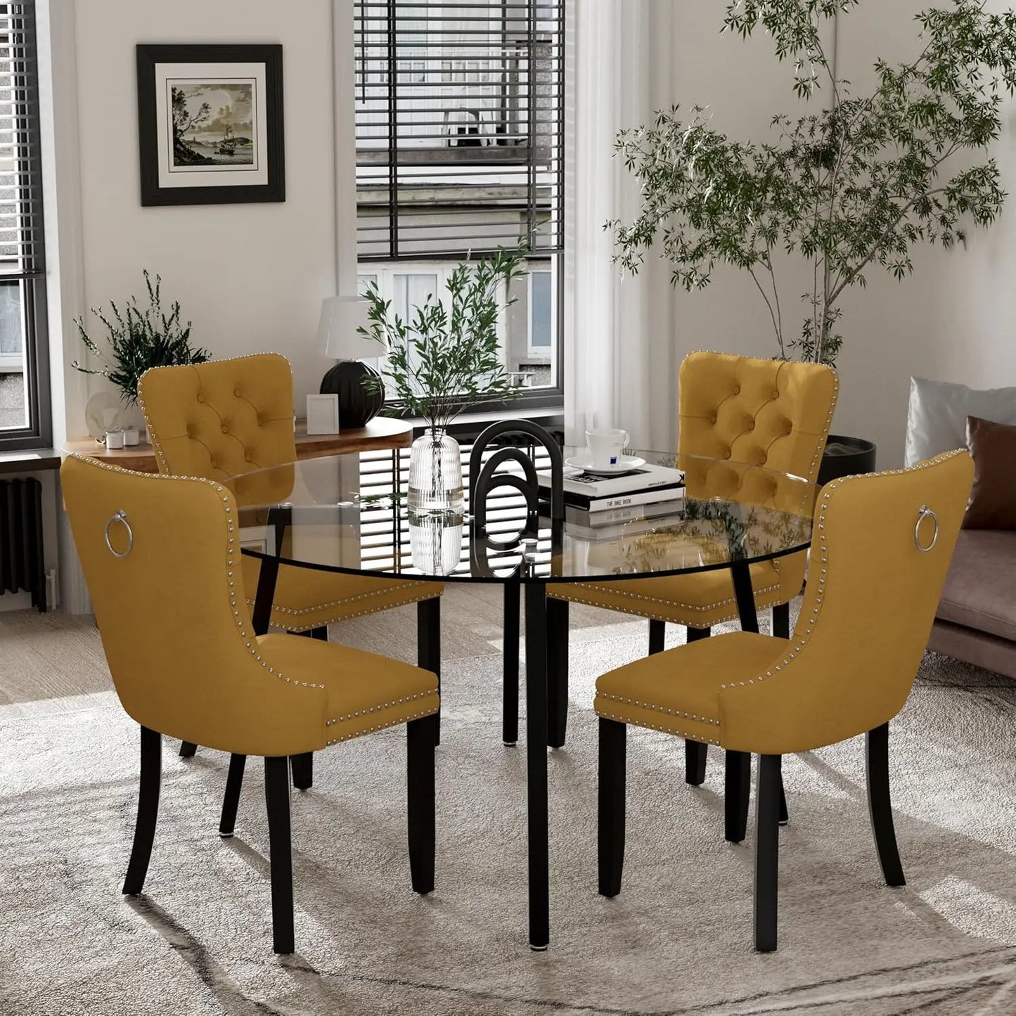 Modern Round Glass Dining Table Set for 4, 47'' Luxury Minimalist Circle Dinette Room Set, 5 PCS Clear Circular Glass Top
