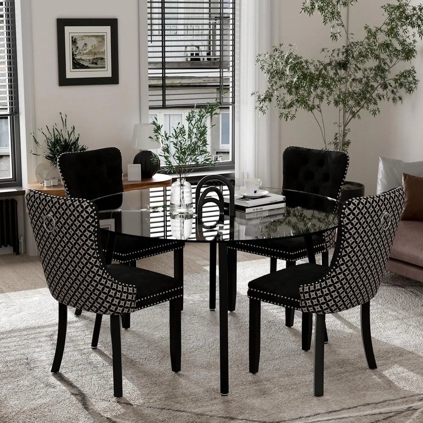 Modern Round Glass Dining Table Set for 4, 47'' Luxury Minimalist Circle Dinette Room Set, 5 PCS Clear Circular Glass Top