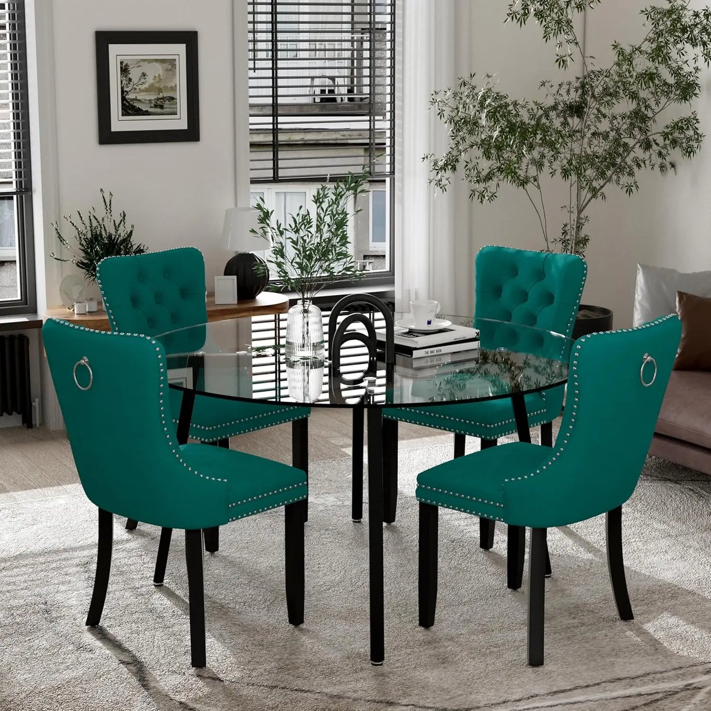 Modern Round Glass Dining Table Set for 4, 47'' Luxury Minimalist Circle Dinette Room Set, 5 PCS Clear Circular Glass Top
