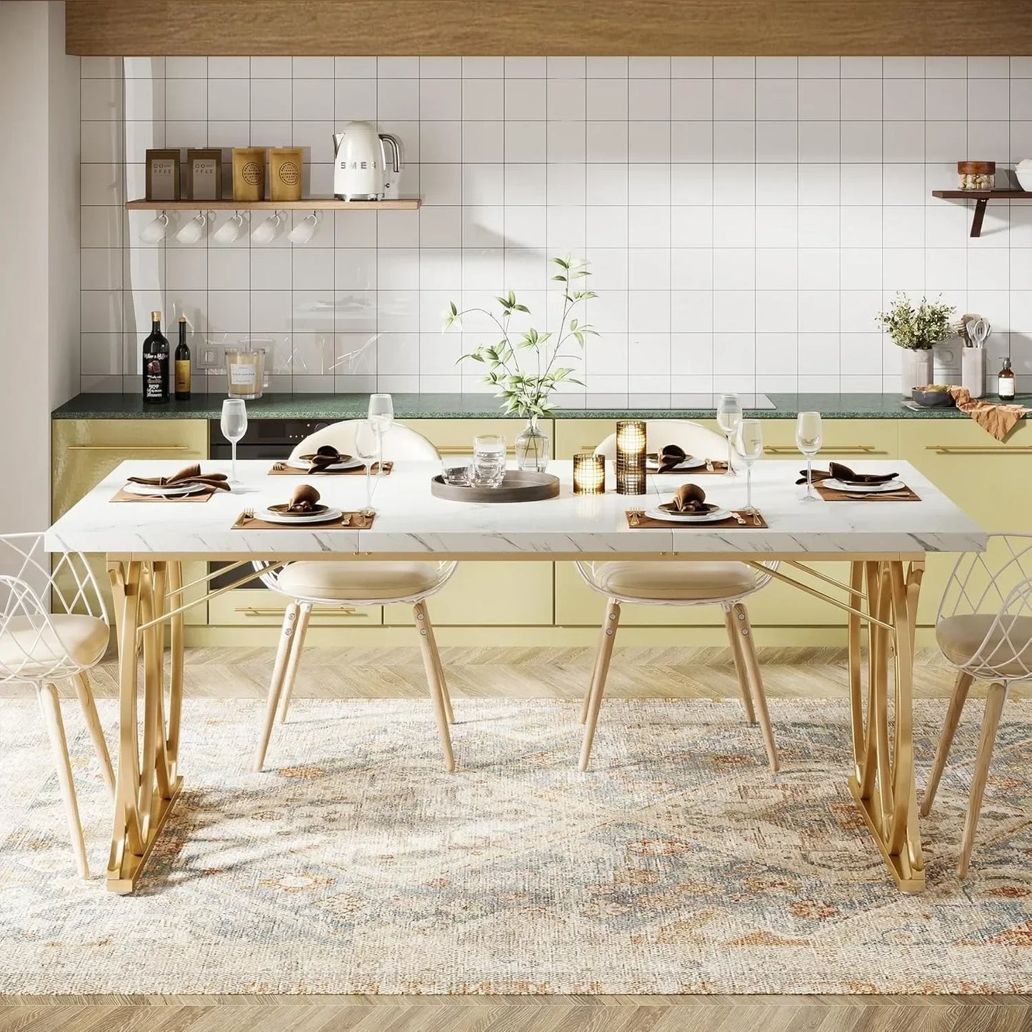Modern Dining Table, 63" Large Kitchen Table for 4-6 People, Unique Rectangular Dinner Table