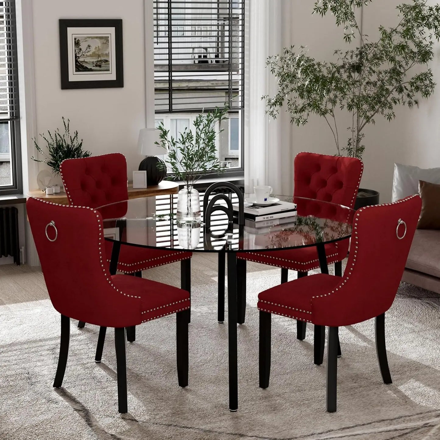 Modern Round Glass Dining Table Set for 4, 47'' Luxury Minimalist Circle Dinette Room Set, 5 PCS Clear Circular Glass Top