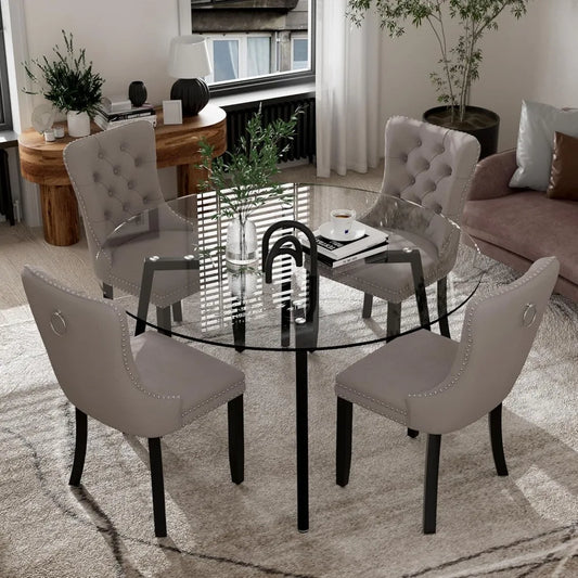Modern Round Glass Dining Table Set for 4, 47'' Luxury Minimalist Circle Dinette Room Set, 5 PCS Clear Circular Glass Top