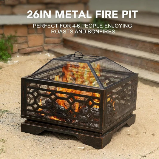 Outside With Mesh Cover & Fire Poker, Large Square Metal Fireplace