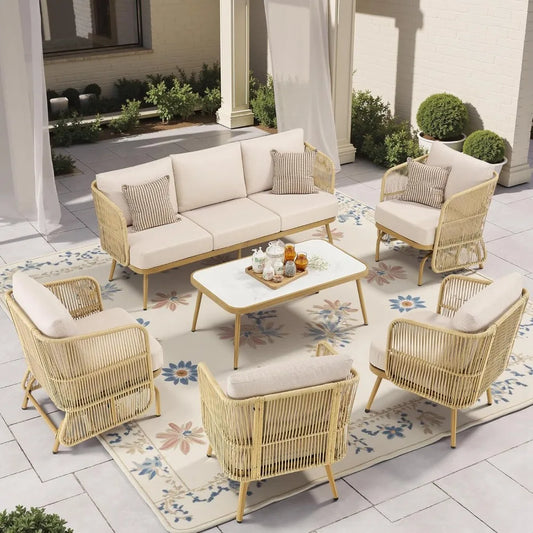Set-6 Pieces All-Weather Wicker Outdoor Furniture with Coffee Table and Rocking Chairs,