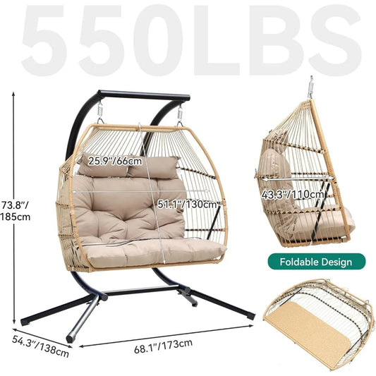 2 Person Hanging Egg Swing Chair with Stand Wicker Indoor Outdoor