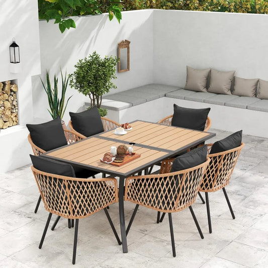 7-Piece All-Weather Patio Dining Set with 60" Wood Table Top,  Umbrella Hole