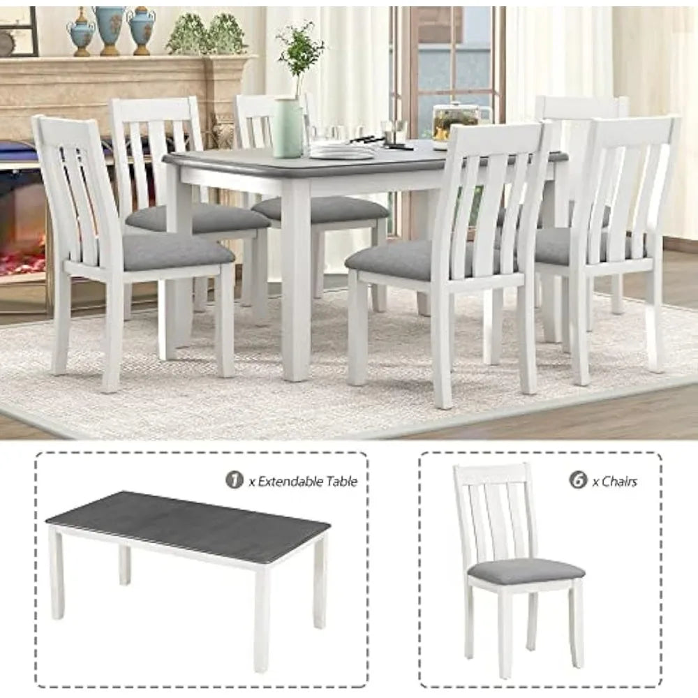 7-Piece Dining Table Set Wood Rectangular Extendable Dining Table and Six Upholstered Chairs