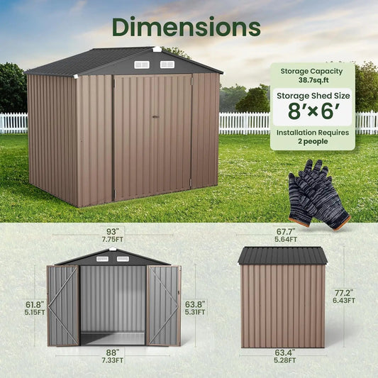 8x6 FT Outdoor Metal Storage, Durable Garden Shed
