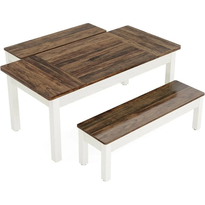 Farmhouse Kitchen Table Set for 4-6, 55-Inch Wooden Dining Table with 2 Benches