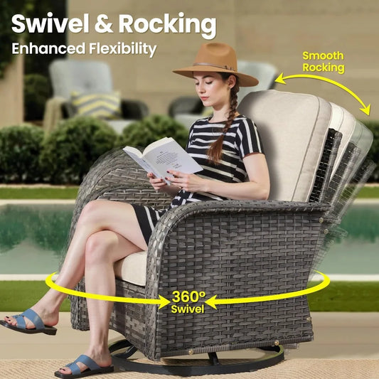 3 Pieces Patio Furniture Set, Rocking Chairs 2, Wicker Swivel Glider with Side Table