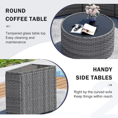 Half Moon Patio Furniture Set with Tables,7 Pieces Wicker, Grey Rattan