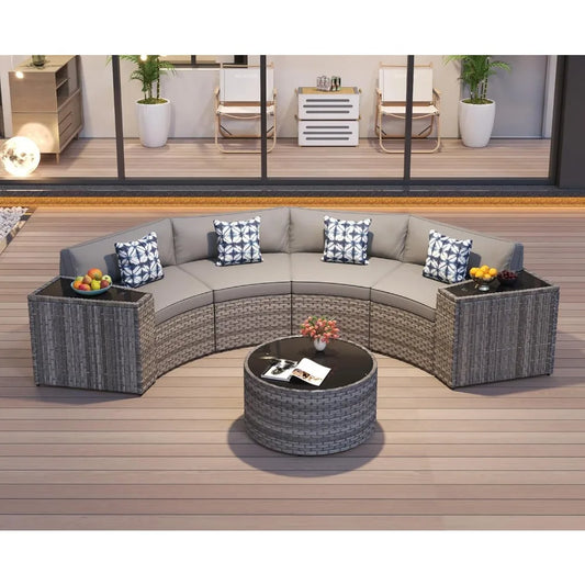 Half Moon Patio Furniture Set with Tables,7 Pieces Wicker, Grey Rattan