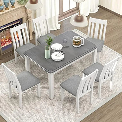 7-Piece Dining Table Set Wood Rectangular Extendable Dining Table and Six Upholstered Chairs