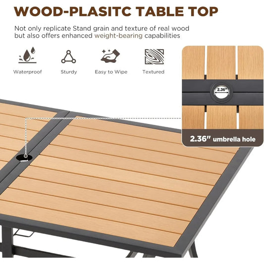 7-Piece All-Weather Patio Dining Set with 60" Wood Table Top,  Umbrella Hole