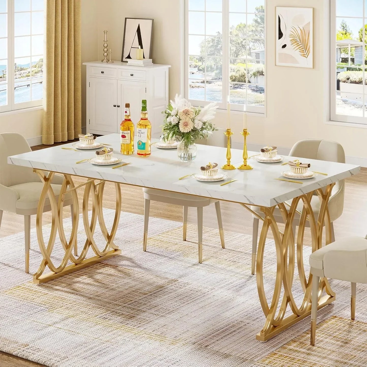 Modern Dining Table, 63" Large Kitchen Table for 4-6 People, Unique Rectangular Dinner Table