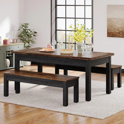 Farmhouse Kitchen Table Set for 4-6, 55-Inch Wooden Dining Table with 2 Benches