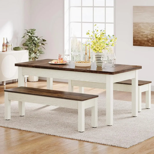 Farmhouse Kitchen Table Set for 4-6, 55-Inch Wooden Dining Table with 2 Benches