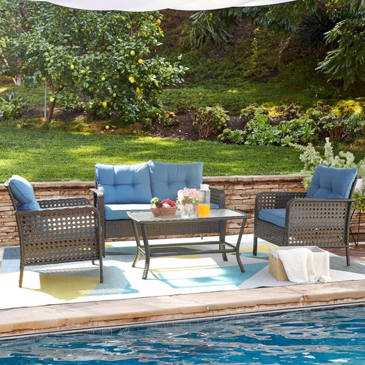 ,4 Pieces Wicker Patio Furniture with Loveseat, Coffee Table Chair
