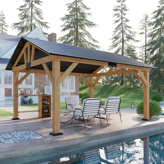 13x15 ft Spruce Wood Gazebo, with Bar Storage, Hardtop with Metal Steel Gable Roof