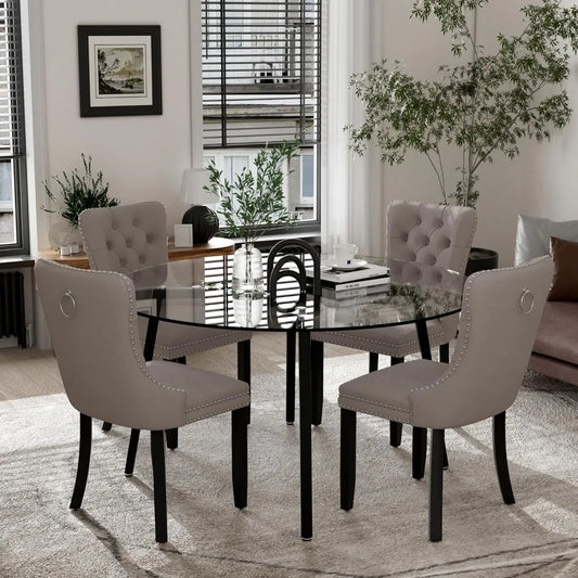 Modern Round Glass Dining Table Set for 4, 47'' Luxury Minimalist Circle Dinette Room Set, 5 PCS Clear Circular Glass Top