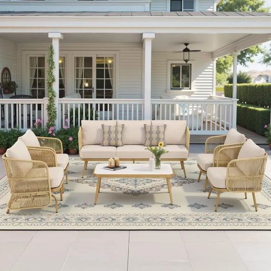 Set-6 Pieces All-Weather Wicker Outdoor Furniture with Coffee Table and Rocking Chairs,